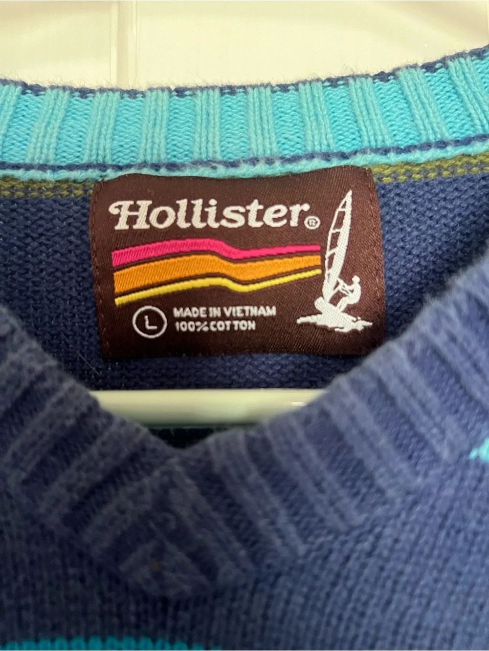 Vintage Holister Men’s Navy V-Neck Striped Sweater